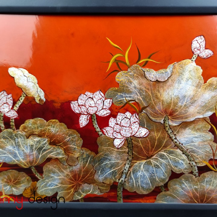 Orange lacquer painting with eggshell lotus 30*40 cm